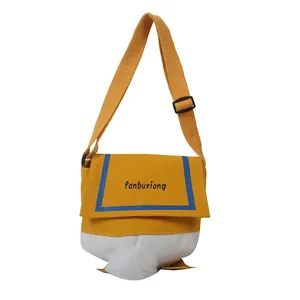 Cute cartoon duck canvas crossbody bag with 3D feet and embroidery in yellow and white