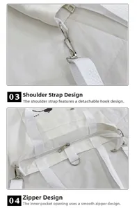 Vue détaillée des crochets métalliques argentés et du zip fluide sur le sac en toile blanc