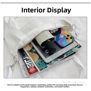 Vue intérieure détaillée d'un sac en toile blanc montrant sa grande capacité de rangement