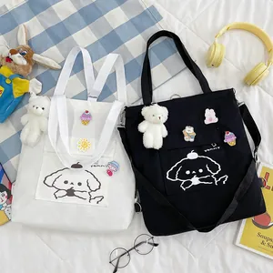 Sac Fourre-tout en Toile pour Femmes Imprimé Chien Dessin Animé Grande Capacité Sac à Bandoulière Multi-Usage Étudiant École Sac à Main Mignon Décontracté Sac Messager
