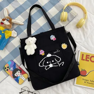 Sac fourre-tout noir en toile avec motif chien et pendentif peluche pour les étudiantes