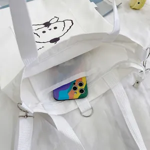 Sac fourre-tout en toile blanche avec imprimé chiot, poche intérieure et fermeture