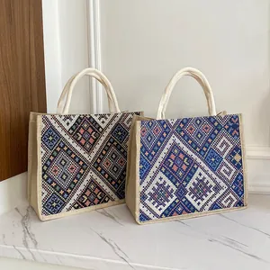 Borsa Tote da Donna in Tela con Motivo Geometrico Stile Etnico Grande Capacità Cotone e Lino Casual per Viaggio