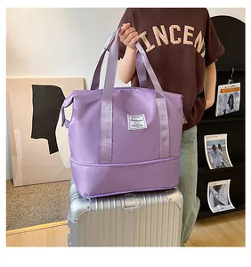 Purple large travel bag with wet-dry separation shoe compartment on silver suitcase