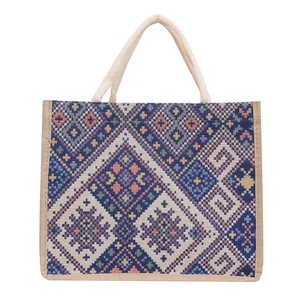 Borsa tote in tela stile etnico con motivi geometrici e manici in corda di canapa