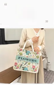 Detail of floral embroidery on a canvas tote bag with woven handles and flower text