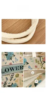 Detail of magnetic buckle and woven handle on a retro floral embroidered linen tote bag