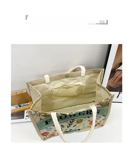 Detail view of linen tote bag interior showing spacious compartment and zipper pocket