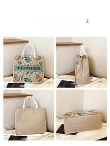 Four views of a floral linen tote bag with green FLOWERS print and white handles