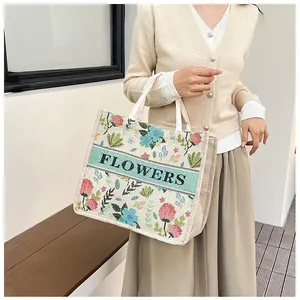 Detail of floral linen tote bag with FLOWERS print and watercolor rose embroidery
