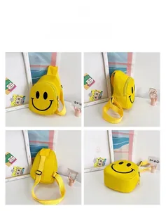 Détails du sac de poitrine jaune pour enfants en toile avec motif smiley et sangle réglable
