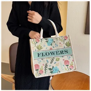 Close-up of floral jacquard tote bag with FLOWERS text and cotton canvas texture