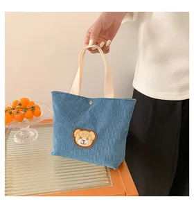 Detail of blue corduroy mini tote bag with bear embroidery and silver metal clasp