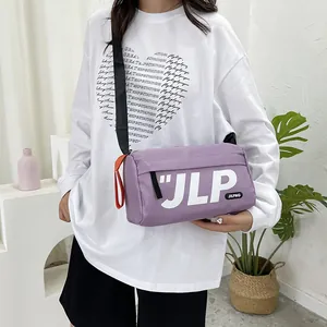 Japanese style purple cylindrical nylon messenger bag with JLP letter print and orange zipper