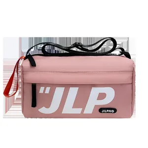 Pink minimalist crossbody messenger bag with JILPNG logo and adjustable black strap