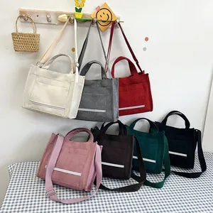 Women Corduroy Tote Bag Solid Color Shoulder Crossbody Bag With Front Pocket Reflective Strip School Commuting Handbag