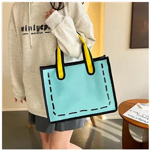 Detail der 2D-Cartoon-Stil Canvas-Tasche mit kräftigen Konturen in Blau und Gelb