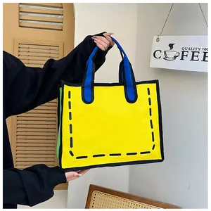 Detail der 2D Cartoon Canvas Tasche in Gelb mit schwarzen Umrissen und blauen Griffen