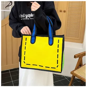 2D-Cartoon-Stil Canvas-Tasche mit kräftigem Colorblocking in einer Lifestyle-Szene