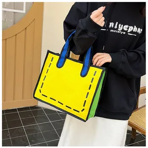 Detail einer 2D-Cartoon-Stofftasche mit kräftigen Umrissen und bunten Kontrastfarben