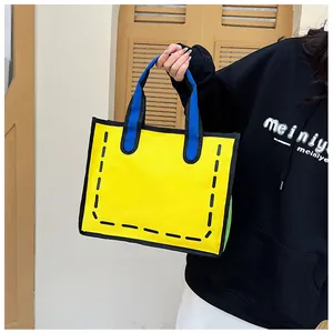 Detail der 2D Comic Stil Gelbe Canvas-Tasche mit Kontrastgriffen und schwarzen Umrissen