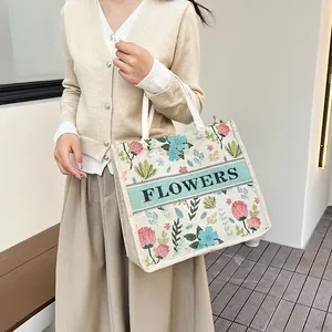 Floral embroidery canvas tote bag with FLOWERS print and sturdy fabric handles