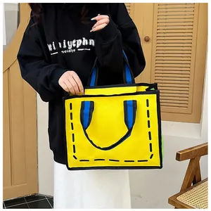 Detailansicht der 2D-Cartoon-Canvas-Einkaufstasche in Gelb mit blauen Tragegriffen
