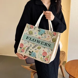 Vintage floral embroidery tote bag with FLOWERS text and rope handles for women