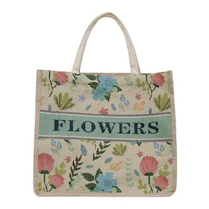 Vintage floral linen tote bag with FLOWERS embroidery for women casual daily use