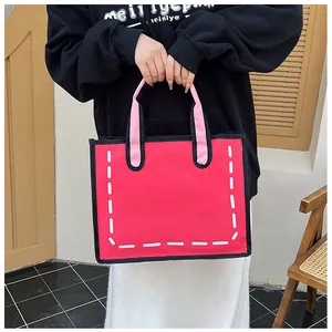 Detail einer 2D-Cartoon-Stil pinkfarbenen Canvas-Tragetasche mit schwarzen Umrissen