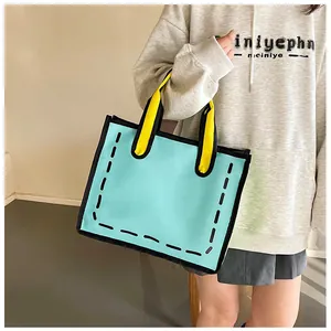 Detailansicht der 2D-Cartoon-Tasche in Blau mit gelben Griffen im Comic-Stil