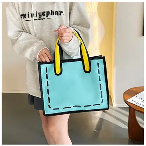 Detailansicht der 2D-Comic-Stil blaue Segeltuchtasche mit gelben Griffen und schwarzen Linien