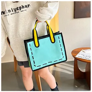 Detailansicht der 2D-Comic-Stil Mintgrün Canvas-Tasche mit kräftigen schwarzen Konturen