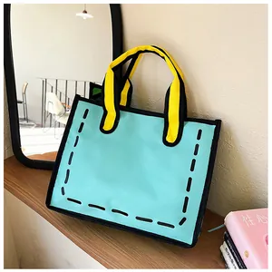 Detailaufnahme der 2D-Comic-Stil Segeltuchtasche in Blau und Gelb mit schwarzen Umrissen