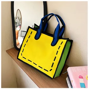 Detailansicht einer gelben Canvas-Tasche im 2D-Cartoon-Stil mit kräftigen schwarzen Konturen