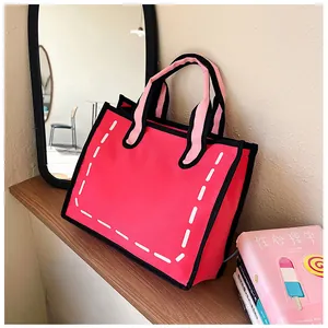Detailansicht der rosa 2D Cartoon-Stofftasche mit schwarzen Konturen und weißen Ziernähten