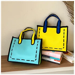 Nahaufnahme von 2D-Cartoon-Stofftaschen mit kräftigen Umrissen im Holzregal