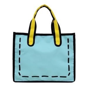 Blaue 2D-Cartoon-Stofftasche mit gelben Henkeln im kreativen 3D-Look Design