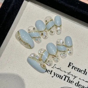 Handmade Mint Green French Press On Nails Gold Foil Shell Pattern Elegant Almond Shape Manicure For Women Beauty Jewelry