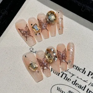 Handmade Press On Nails Butterfly Amber Rhinestone Coffin Shape Long Meillard Brown Gold Cat Eye Fake Nails For Women Jewelry