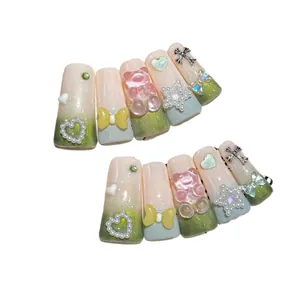 Handmade gradient press-on nails with 3D gummy bears, pearls and glitter finish