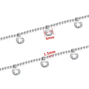 Macro shot of 1.5mm stainless steel bead chain with 6mm hollow star charm components