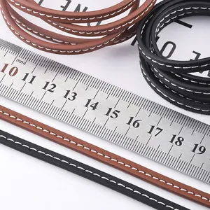 Cordón plano de cuero PU 5mm negro y marrón con pespuntes blancos para artesanía DIY