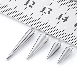 Set of four polished stainless steel cone pendants in various sizes for DIY jewelry making