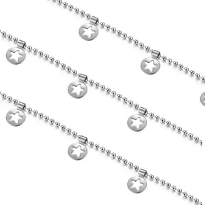 Macro detail of polished stainless steel ball chain with hollow star pendants for DIY jewelry