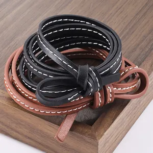 Cordones planos de cuero PU 5mm trenzado negro y marrón con costuras blancas
