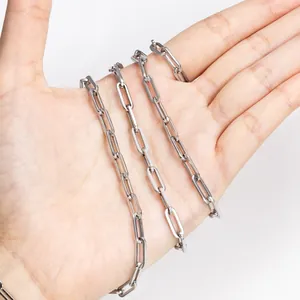 Polished silver stainless steel paperclip chain necklace wrapped around a hand