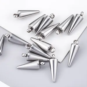 Macro shot of polished stainless steel cone pendants for DIY jewelry making and necklaces
