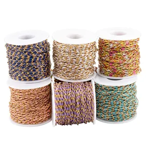 Rolls of colorful enamel lip chains in blue, silver, and mixed tones for DIY jewelry making