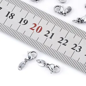 Macro view of 304 stainless steel lobster clasp with ruler showing 12mm size detail